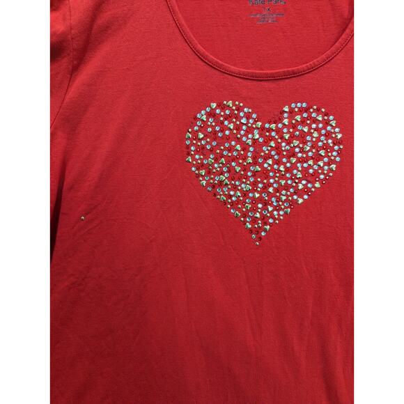 Kate Park Women's Red Rhinestone Heart Short Sleeve Cotton T-Shirt Plus Size 1X - Picture 2 of 7